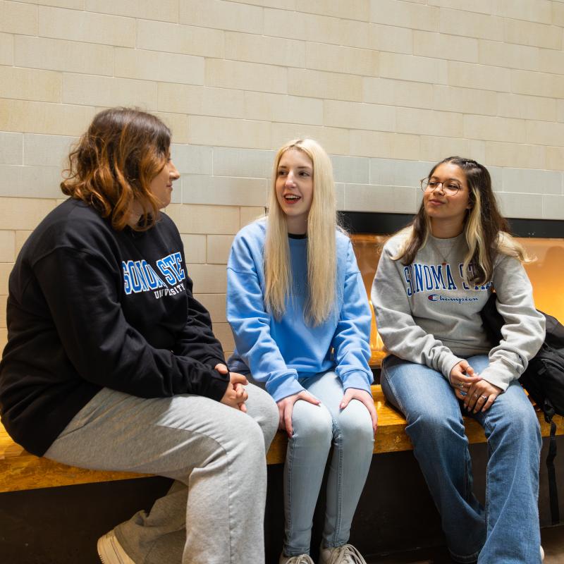 Student talking next to the fireplace